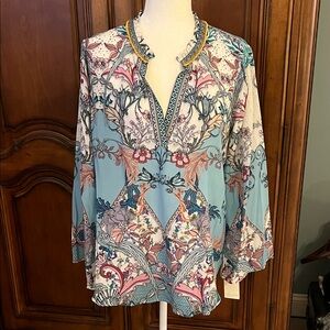 Hale Bob Blue and Pink Floral Beaded Silk Blouse, NWT, XL